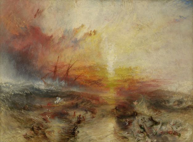 A turbulent ocean is depicted under a grey sky with bright red, orange, and yellow hues concentrated towards the horizon. A ship with scattered masts appears to the left, tilting precariously. Forms in and above the water suggest white birds, iron debris, and possibly fish concentrated around what resembles the shackled leg of a person. 